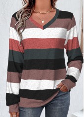 Striped Patchwork Multi Color Long Sleeve V Neck Sweatshirt