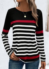 Striped Patchwork Black Long Sleeve Round Neck T Shirt