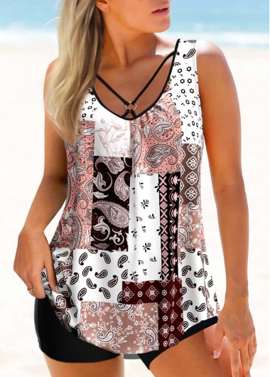 Tribal Print Pink Ring Detail Tankini Set Tribal Print Pink Ring Detail Tankini Set