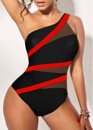 Contrast Asymmetry Black One Piece Swimwear