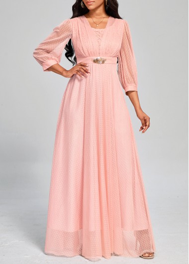 Patchwork Mesh Pink Three Quarter Length Sleeve Dress 42$