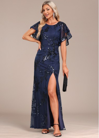 Sequin Lace Navy Round Neck Maxi Dress 58$