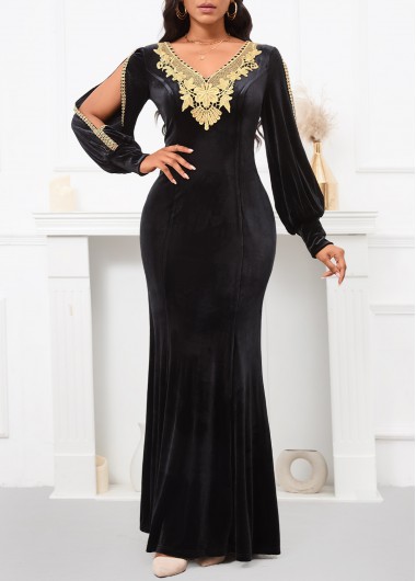 Velvet Black Long Sleeve V Neck Maxi Bodycon Dress