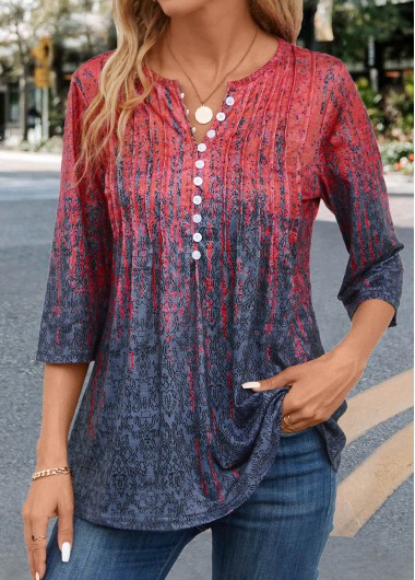 Random Floral Print Tuck Stitch Coral T Shirt