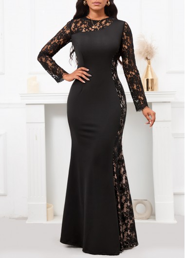 Patchwork Black Long Sleeve Round Neck Maxi Bodycon Dress 42$