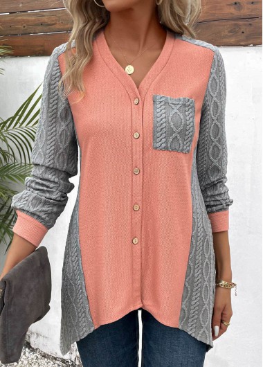Patchwork Orange Long Sleeve V Neck Blouse