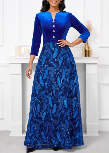 Velvet Royal Blue Three Quarter Length Sleeve Maxi Dress 57$