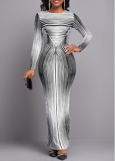 Striped Black Long Sleeve Round Neck Maxi Bodycon Dress 29$