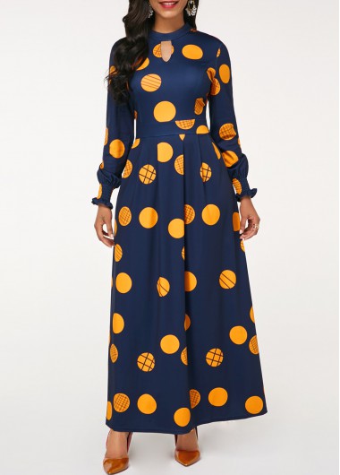 Polka Dot Cut Out Navy Long Sleeve Maxi Dress