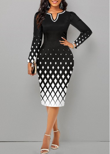 Geometric Print Patchwork Black Long Sleeve Dress 32$