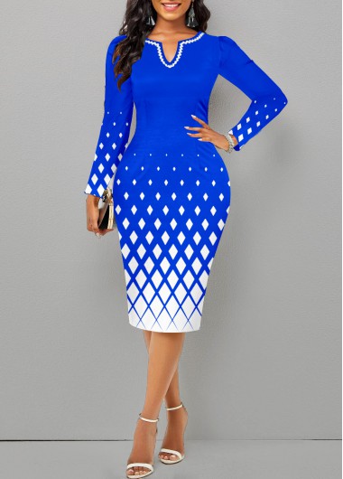 Geometric Print Split Royal Blue Long Sleeve Dress