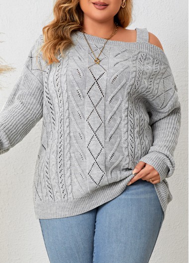 Grey Plus Size Asymmetry Long Sleeve Asymmetrical Neck Sweater 38$