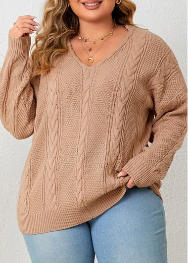 Light Coffee Plus Size Cable Long Sleeve Sweater 38$