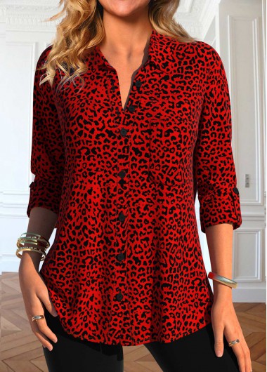 Plus Size Red Button Leopard Shirt Collar Blouse