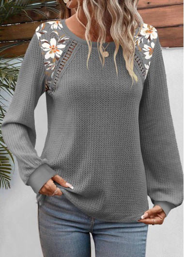 Plus Size Dark Grey Patchwork Floral Print Sweatshirt 31$