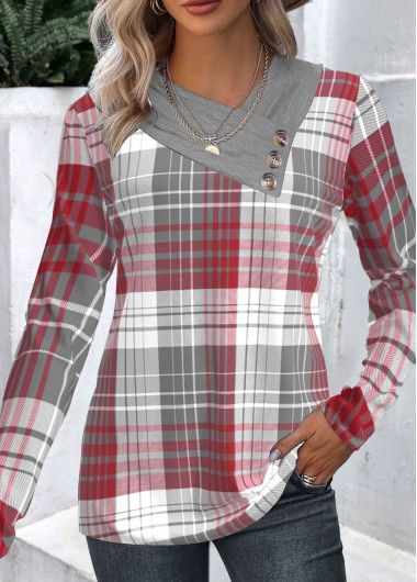 Plus Size Wine Red Patchwork Plaid Long Sleeve Sweatshirt 32$