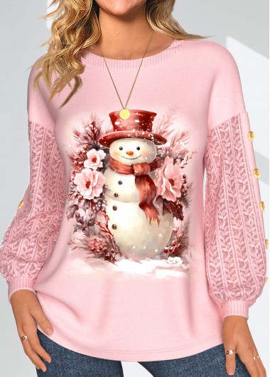 Rosewe Christmas Snowman Print Lace Long Sleeve Round Neck Sweatshirt - M