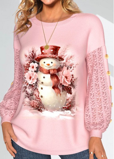Rosewe Christmas Snowman Print Lace Long Sleeve Round Neck Sweatshirt - M