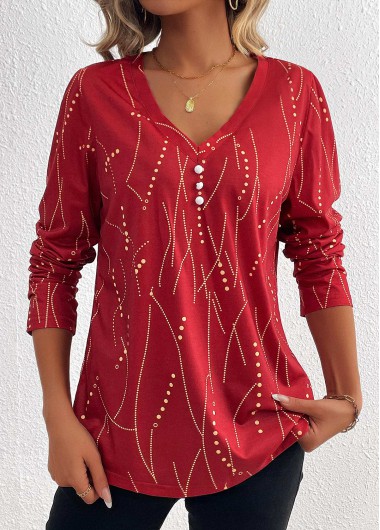 Geometric Print Button Wine Red Long Sleeve T Shirt