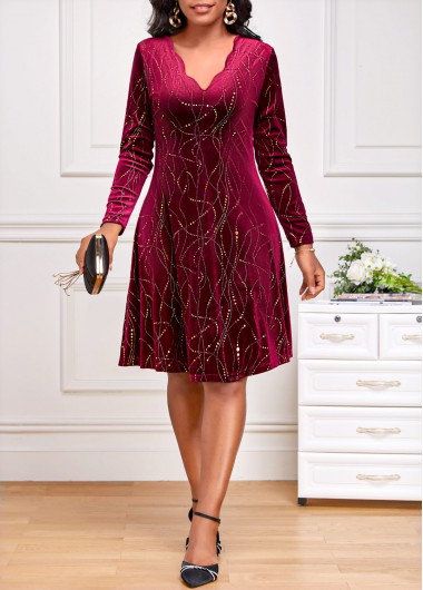 Geometric Print Velvet Wine Red Long Sleeve Dress