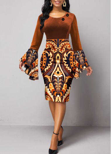 Tribal Print Velvet Dark Coffee Long Sleeve Bodycon Dress 36$