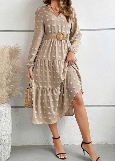 Ruched Long Sleeve Light Camel V Neck Dress