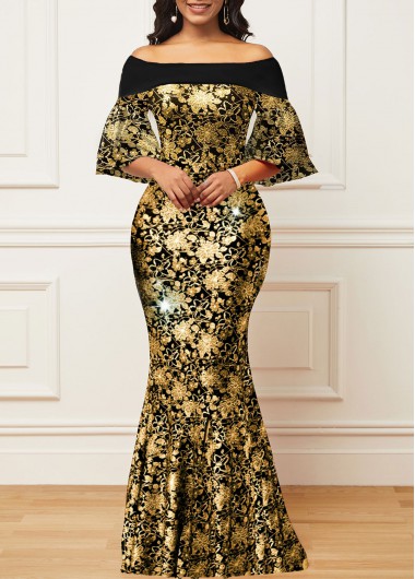 Floral Print Black Mermaid Maxi Bodycon Dress 46$
