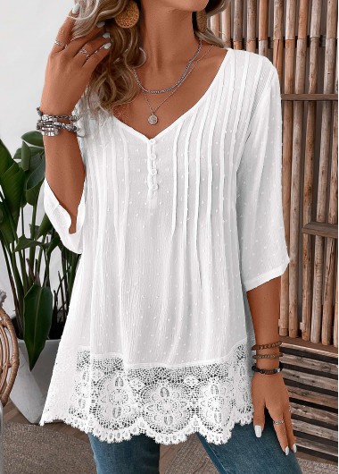 Patchwork White 3/4 Sleeve V Neck Blouse