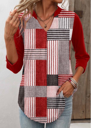 Geometric Print Wine Red T Shirt