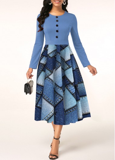 Denim-effect Print Patchwork Dusty Blue Long Sleeve Dress 38$