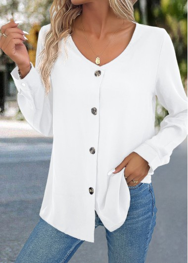 Button White Long Sleeve V Neck Blouse Button White Long Sleeve V Neck Blouse