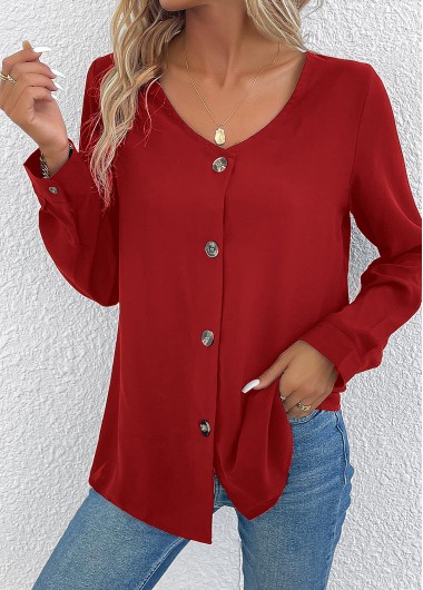 Button Wine Red Long Sleeve V Neck Blouse Button Wine Red Long Sleeve V Neck Blouse