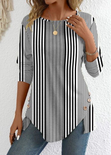 Striped Patchwork Black Long Sleeve Round Neck T Shirt Striped Patchwork Black Long Sleeve Round Neck T Shirt