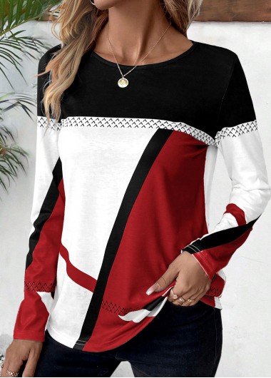 Plus Size Wine Red Patchwork Geometric Print T Shirt 33$