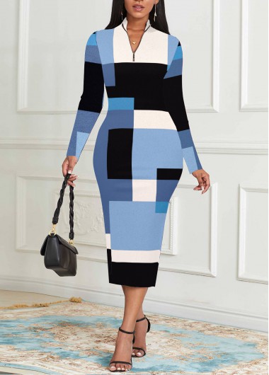 Geometric Print Zipper Light Blue Long Sleeve Dress 36$