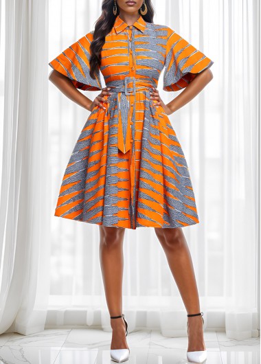 Tribal Print Button Belted Orange Short Sleeve Dress 44$