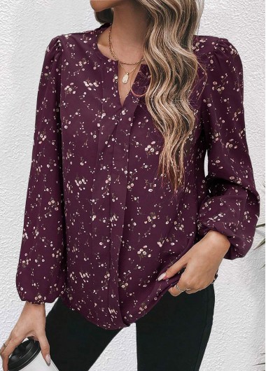 Floral Print Split Dark Reddish Purple Long Sleeve Blouse Floral Print Split Dark Reddish Purple Long Sleeve Blouse