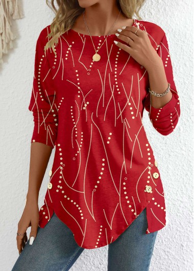Geometric Print Button Red Long Sleeve T Shirt