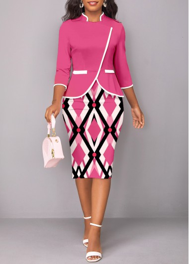 Geometric Print Contrast Binding Pink Bodycon Dress 38$
