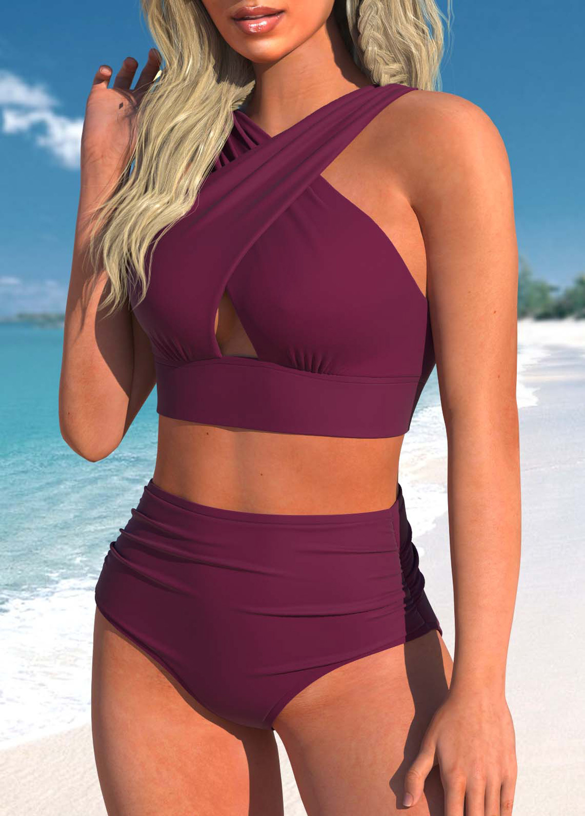 High Waisted Surplice Dark Reddish Purple Bikini Set