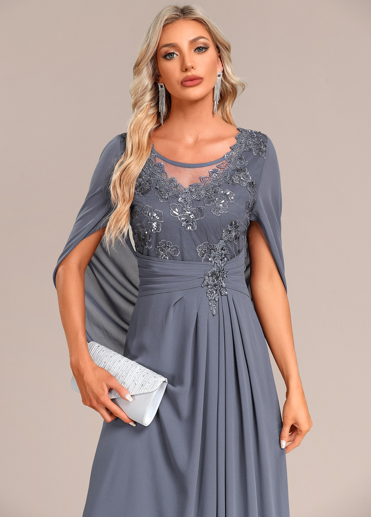 Patchwork Dusty Blue Half Sleeve Round Neck Maxi Dress | Rosewe.com ...
