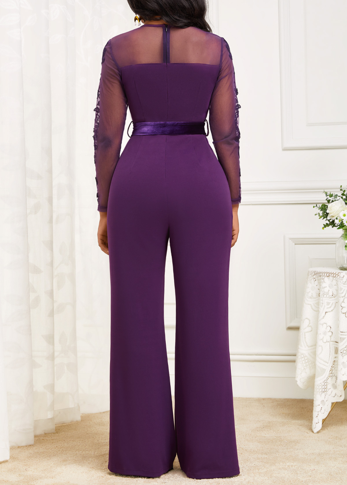 Velvet Belted Purple Long Round Neck Jumpsuit