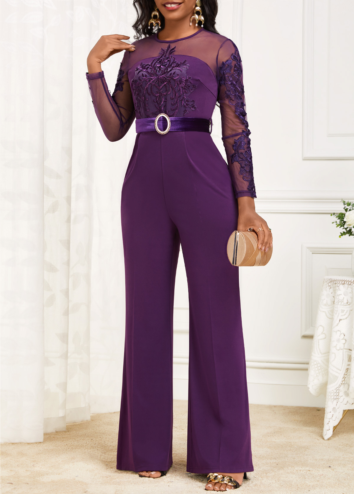 Velvet Belted Purple Long Round Neck Jumpsuit | Rosewe.com - USD $47.98