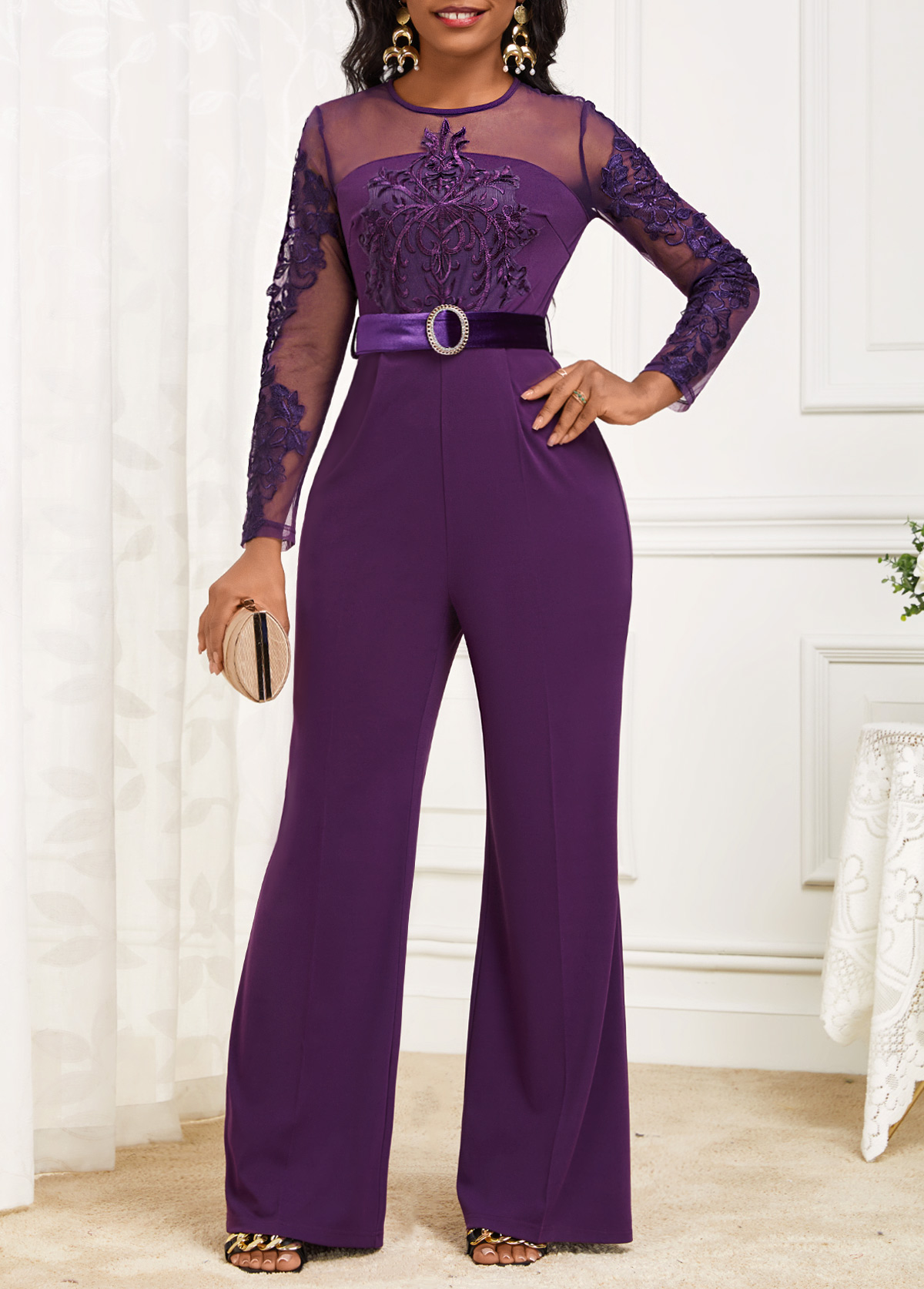 Velvet Belted Purple Long Round Neck Jumpsuit | Rosewe.com - USD $47.98