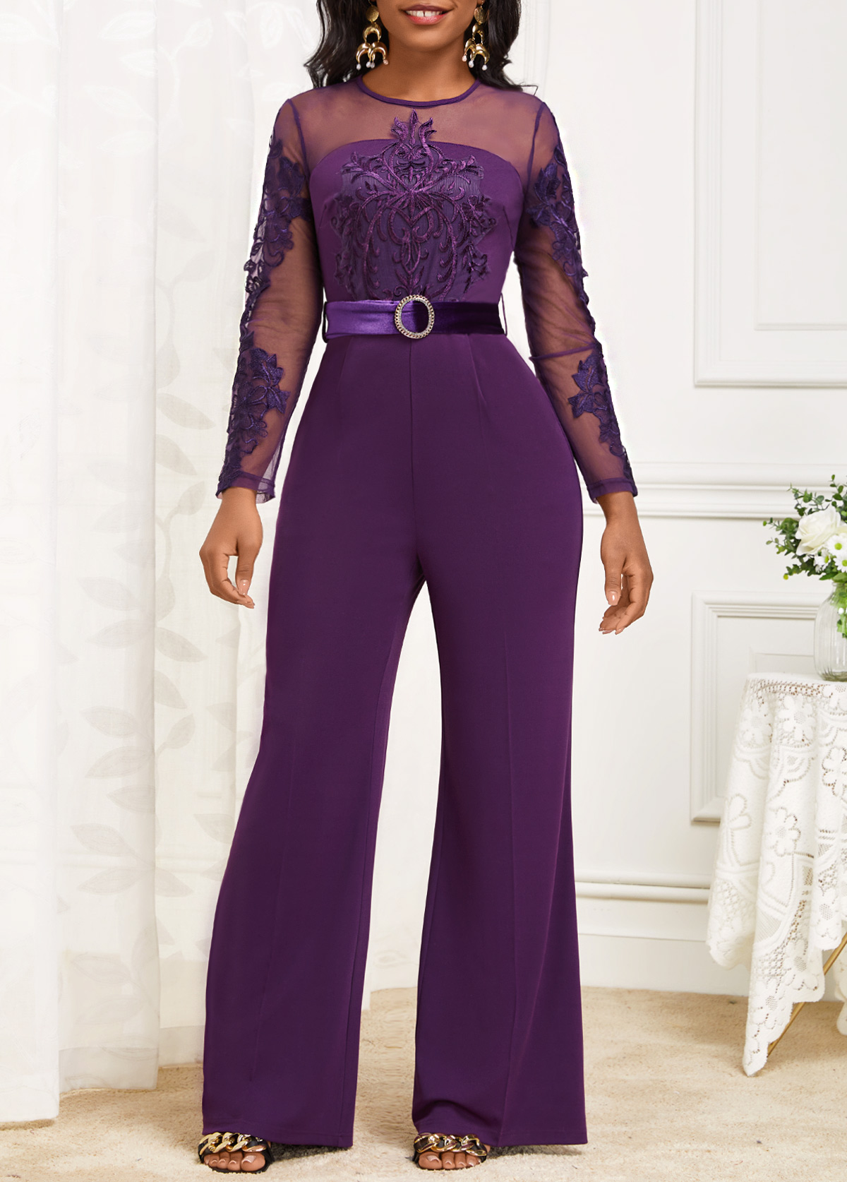 Velvet Belted Purple Long Round Neck Jumpsuit