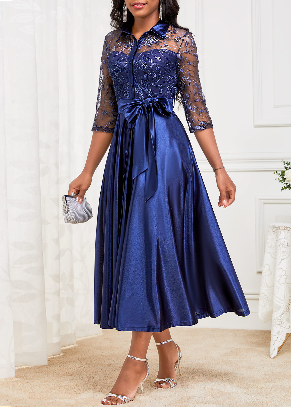 Lace Belted Navy Three Quarter Length Sleeve Dress
