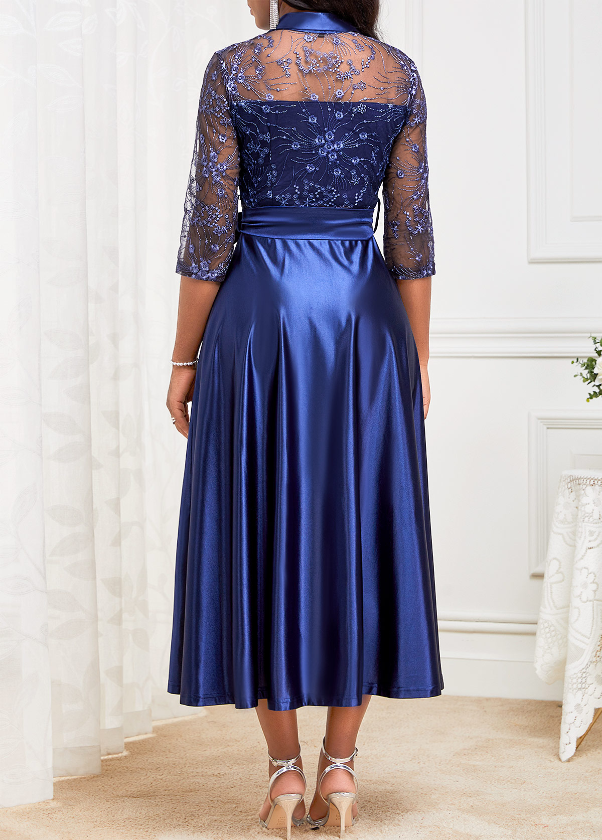 Lace Belted Navy Three Quarter Length Sleeve Dress