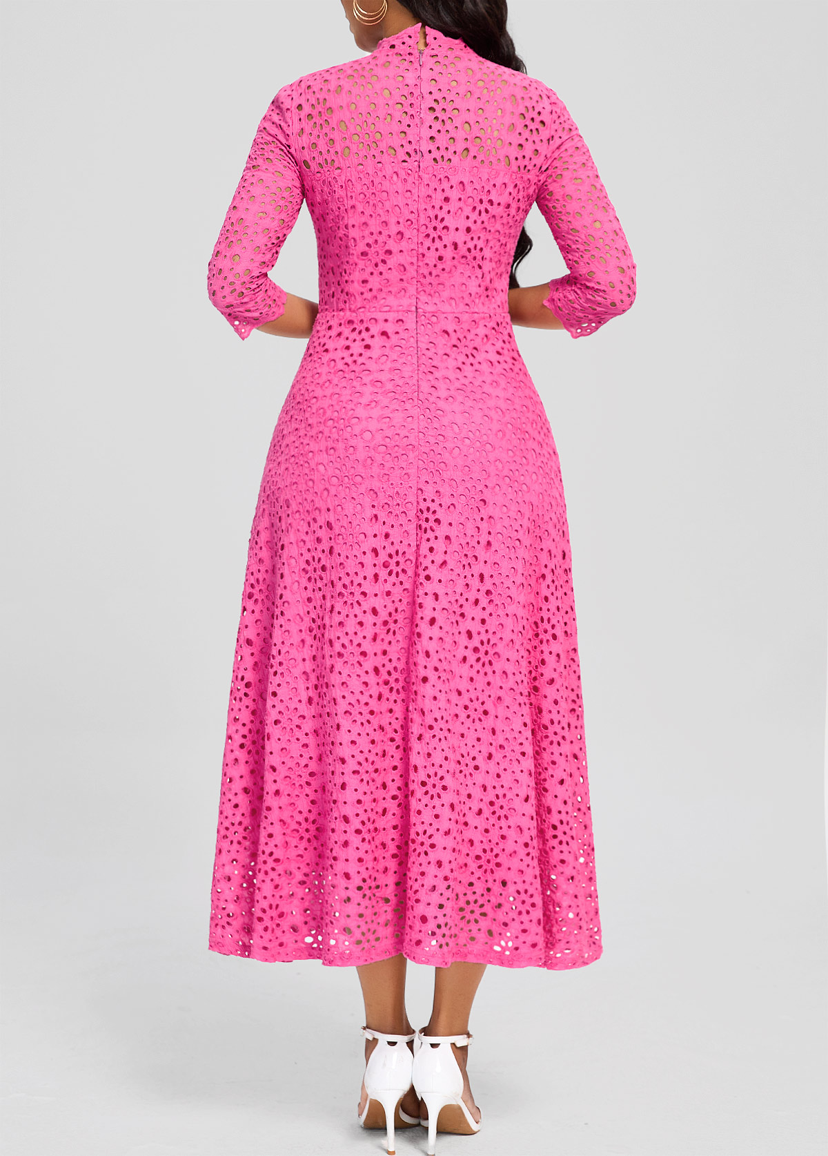 Embroidery Hot Pink Three Quarter Length Sleeve Dress