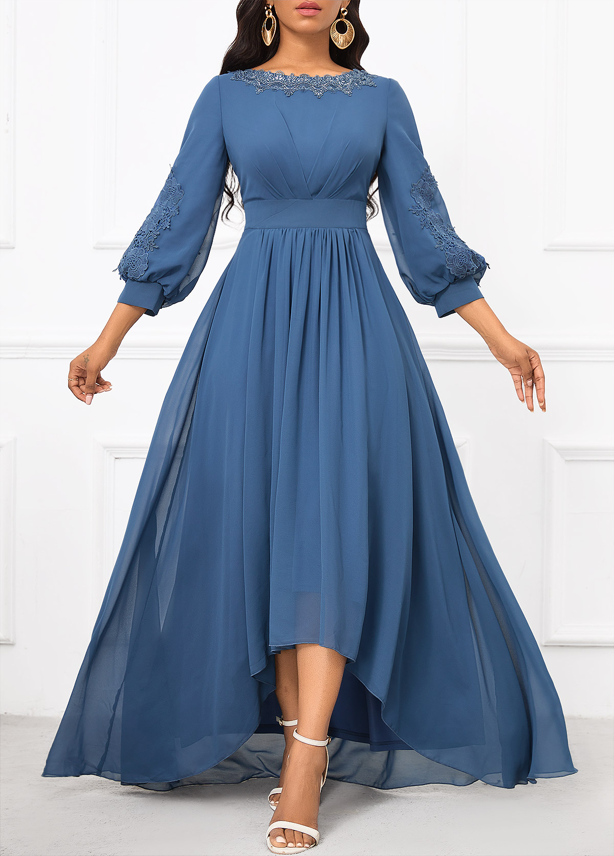Patchwork Dusty Blue Three Quarter Length Sleeve Dress