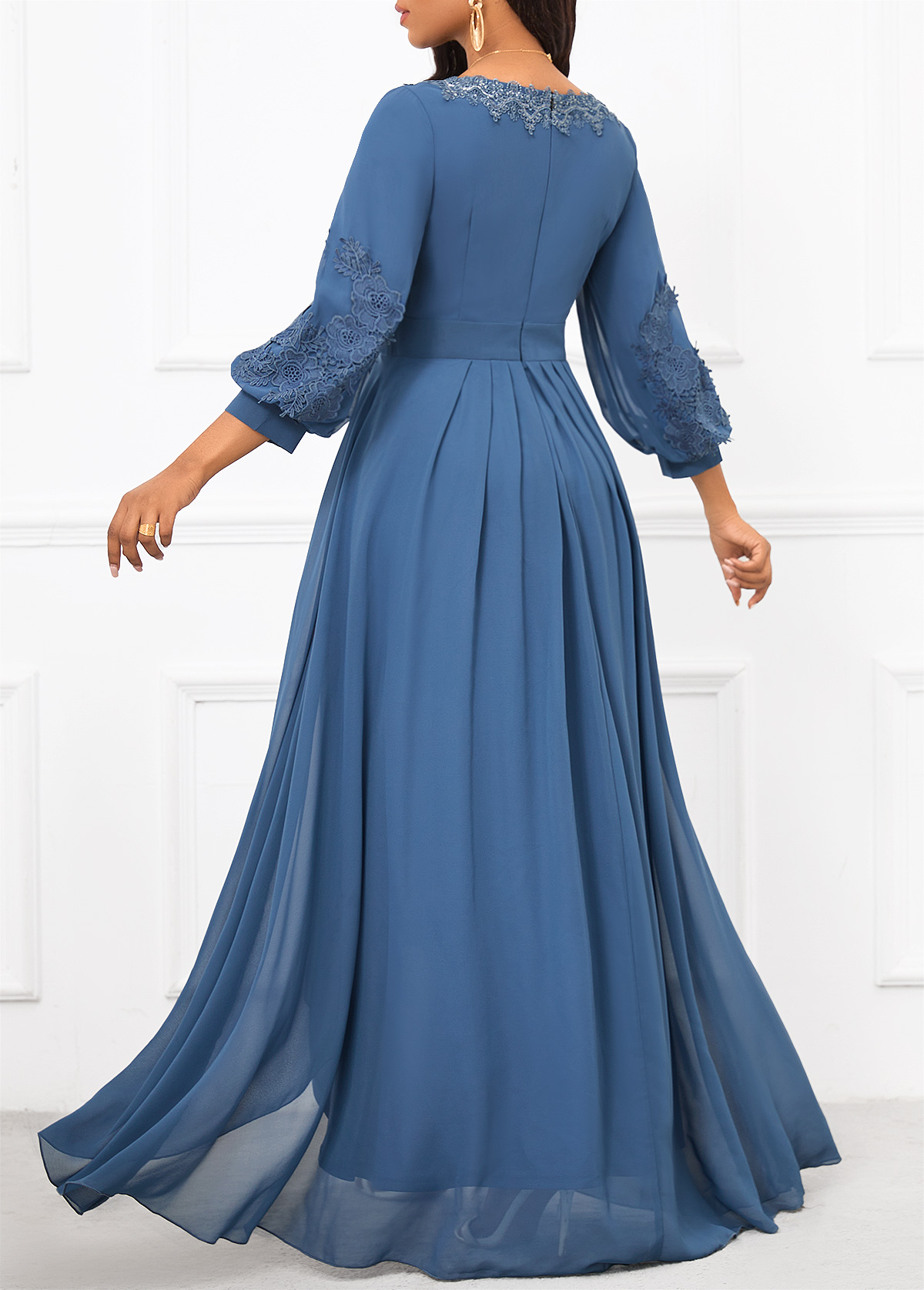 Patchwork Dusty Blue Three Quarter Length Sleeve Dress